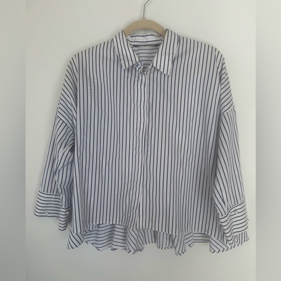ZARA Blue & White Button-Down Shirt w/ Peplum Back & Pearl Sleeve Accents – S - Picture 1 of 17